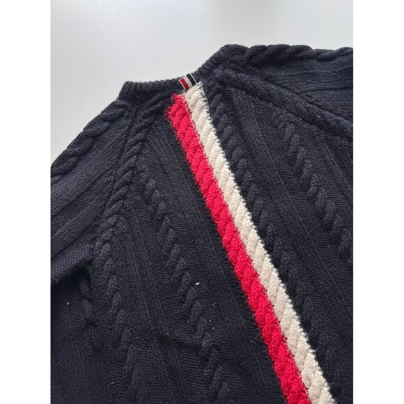 THOM BROWNE Navy Aran Merino Wool Cable Knit Crew Neck Pullover Sweater, Size 5 - Picture 9 of 16